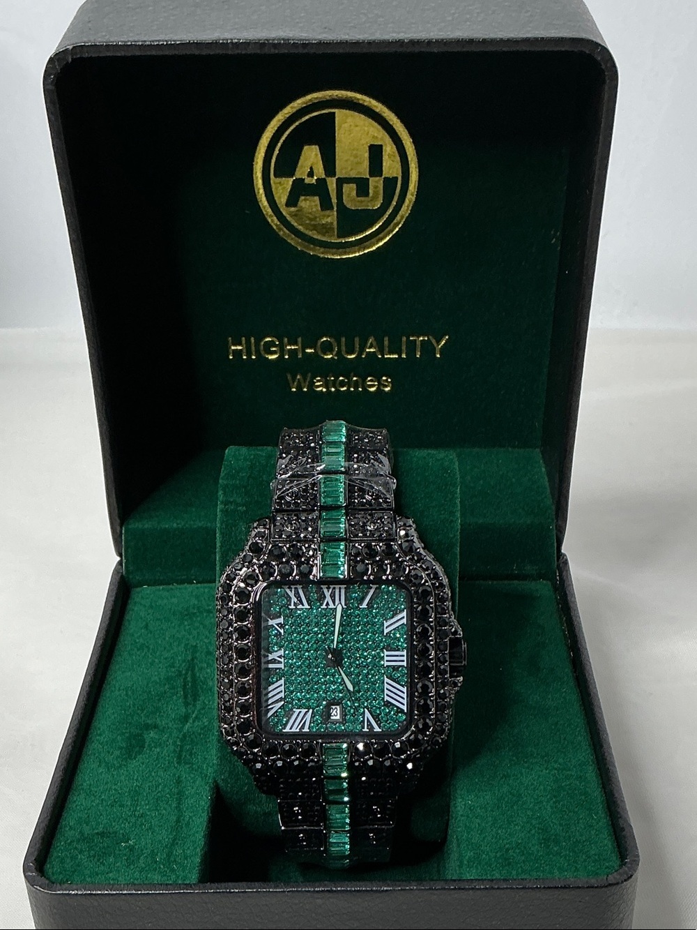 Men's Black Crystal VVS CZ Bracelet Watch with Green Dial